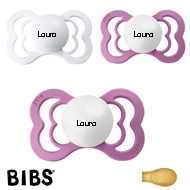 BIBS Supreme Sutter med navn, 2 Lavender, 1 White, Symmetrisk Latex str.2 Pakke med 3 sutter